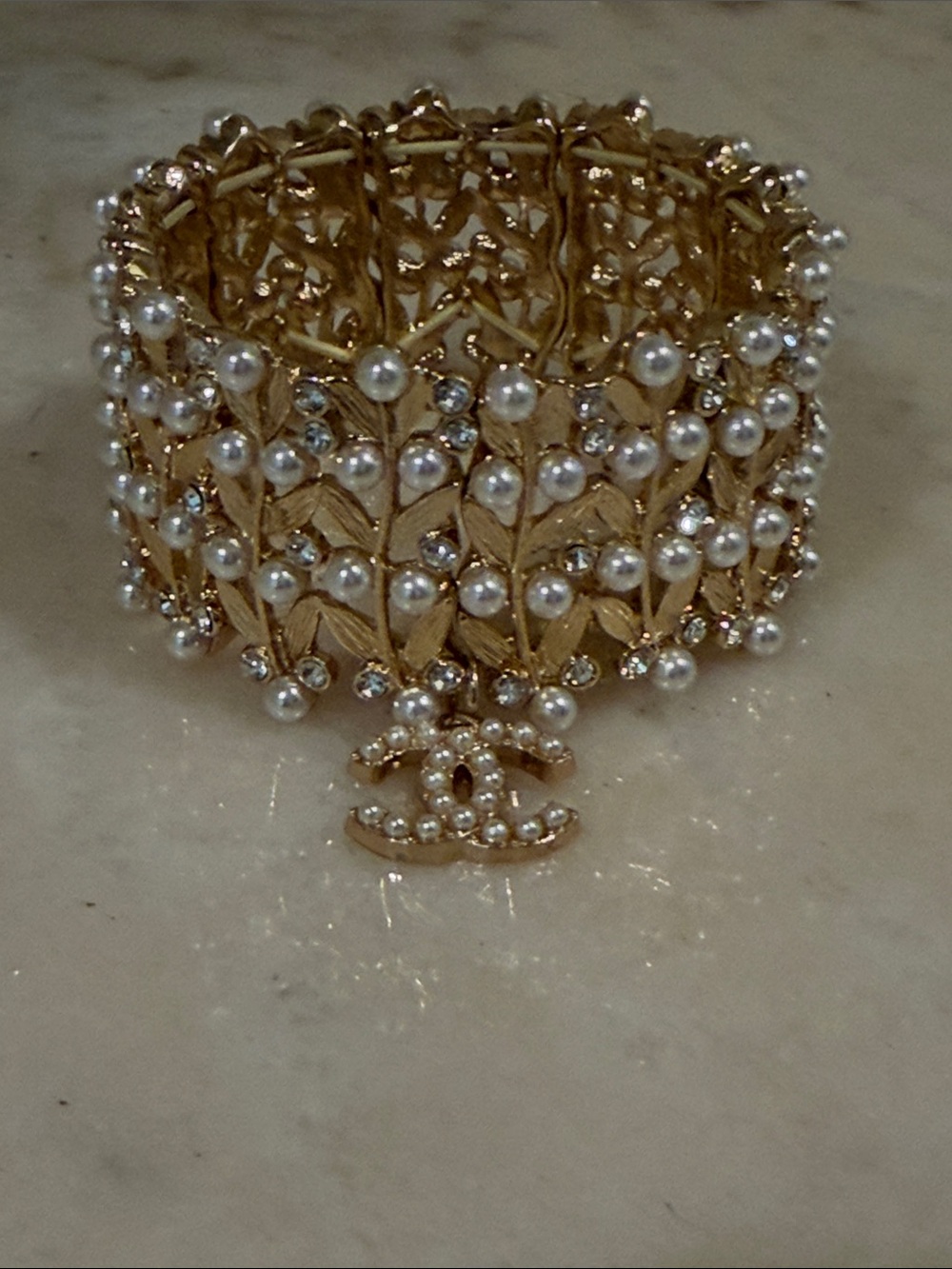 Vintage Luxury Gold Tone Pearl Leaf Wide Bracelet with Chanel CC Charm